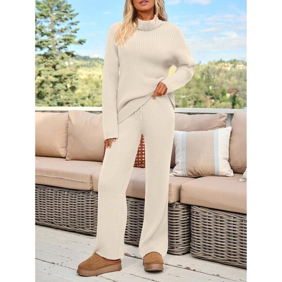 Women's Cozy Knit Two Piece Lounge Set Turtleneck Wide Leg Pants Casual - Picture 2 of 6